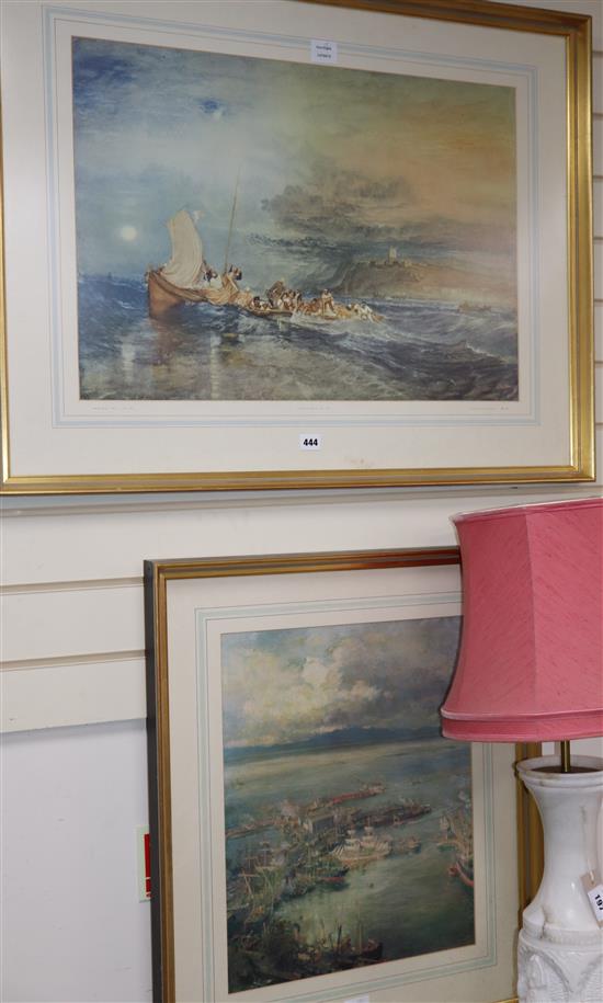 After J.M.W. Turner, coloured print, Folkestone from the Sea and a colour print Ardrossan harbour after W. L. Wyllie, largest 48 x